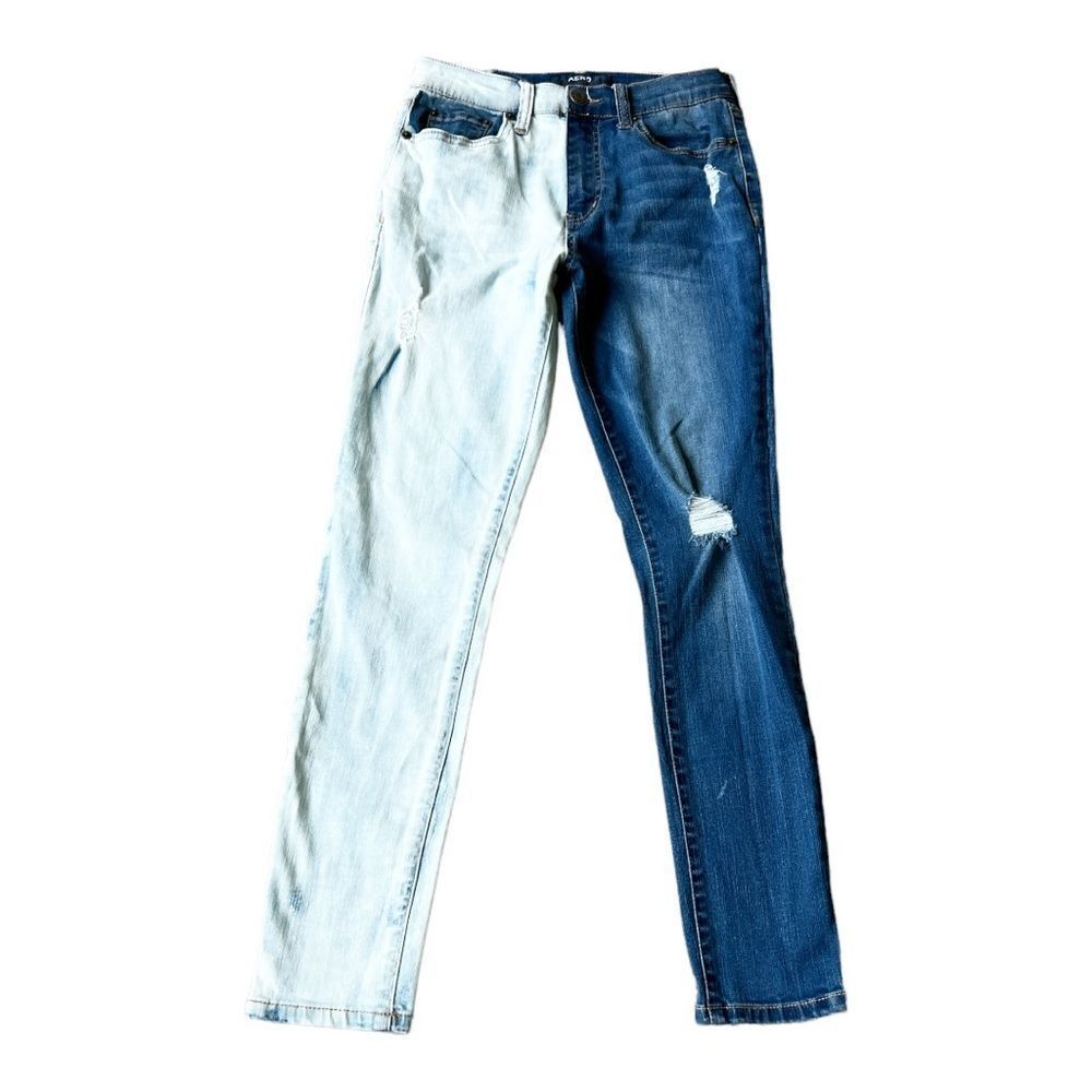 Aero Two Tone Split High Rise‎ Distressed Skinny Jeans 2 Short